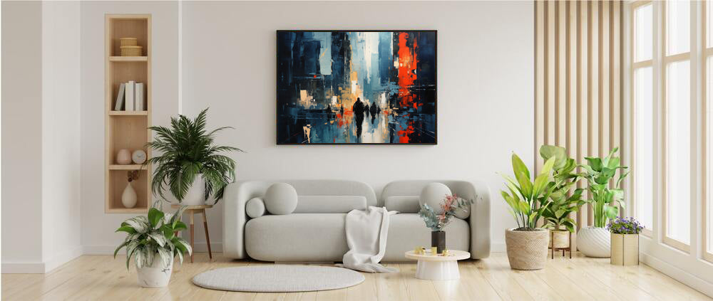 Framed Print Abstract Urban Mystique Conversation Starter Framed Poster Art Busy City Streets People Walking Through A City With Large Buildings