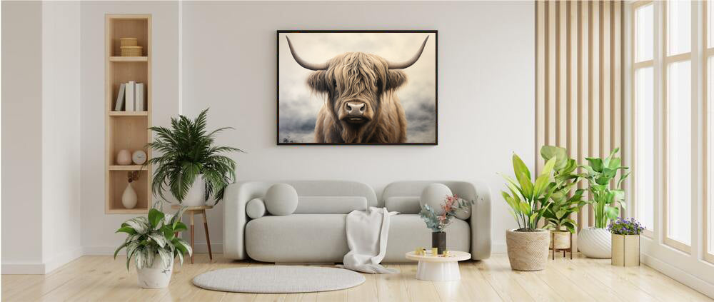 Framed Artwork Strong Stunning Highlander Bull Sunlit Staring Into The Viewer Captivating Painting Style