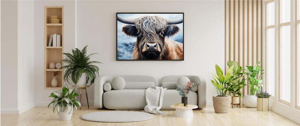 Framed Print Poster Artwork Strong Stunning Highlander Bull Emotional Staring Into The Viewer Captivating Highly Detailed Painting Style