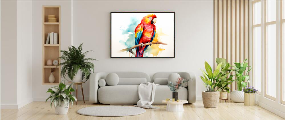 Framed Print Poster Artwork Bright Red Parrot With Rainbow Wings Perched On A Tree Branch Nature Influenced Water Color Painting Style