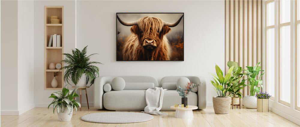 Framed Print Artwork Strong Stunning Dull Dark Gloomy Fierce Fire Highlander Bull Warm Fiery Background Emotional Staring Into The Viewer Captivating Highly Detailed Painting Style Perfect To Warm Up A Homestead Or Country Home Framed Poster