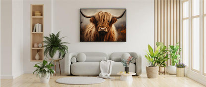 Framed Print Artwork Strong Stunning Dull Dark Gloomy Fierce Fire Highlander Bull Warm Fiery Background Emotional Staring Into The Viewer Captivating Highly Detailed Painting Style Perfect To Warm Up A Homestead Or Country Home Framed Poster