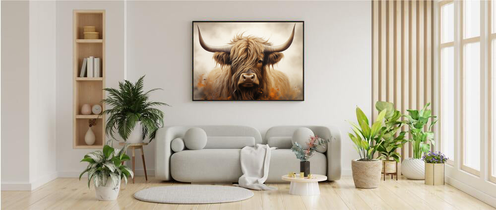 Framed Print Artwork Strong Stunning Highlander Bull Warm Fiery Flames Emotional Stylish Bull Staring Into The Viewer Captivating Highly Detailed Painting Style Perfect To Warm Up A Homestead Or Country Home Framed Poster