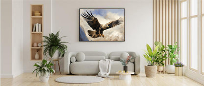 Framed Artwork Print Strong Soaring Bald Eagle Snowy Mountains Detailed Painting, Large Wing Span Mid Flight Ready To Swoop