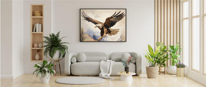 Framed Artwork Strong Soaring Bald Eagle Snowy Mountains Detailed Painting