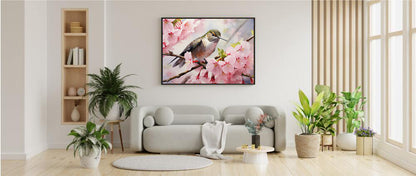 Framed Print Artwork Humming Bird Perched On Tree Branch Amongst Cherry Blossoms Framed Poster Artwork