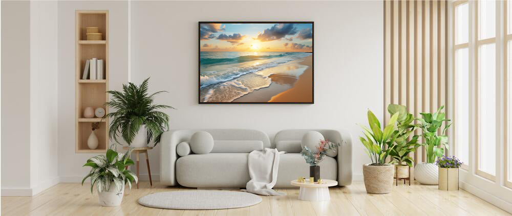 Framed Print Artwork Beach Ocean Waves Crashing Onto Clean Sand Sunset Clear Open Blue Sky With Few Clouds Perfect Soothing Beach Scene Floating Frame Poster Artwork