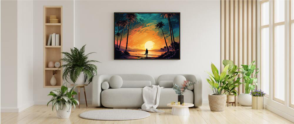 Framed Print Lifestyle/Ocean Side Artwork Smooth Ocean Water Dark Sunset Palm Tree Silhouettes Line The Pathway Large Sun Setting In Line With Perspective Moon Lit Star Filled Night Sky Framed Poster Artwork