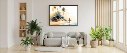 Framed Print Artwork Beach Ocean Surfing Art Surfer Walking Up The Beach Holding Surfboard Palm Trees Sets The Tone Framed Poster Artwork