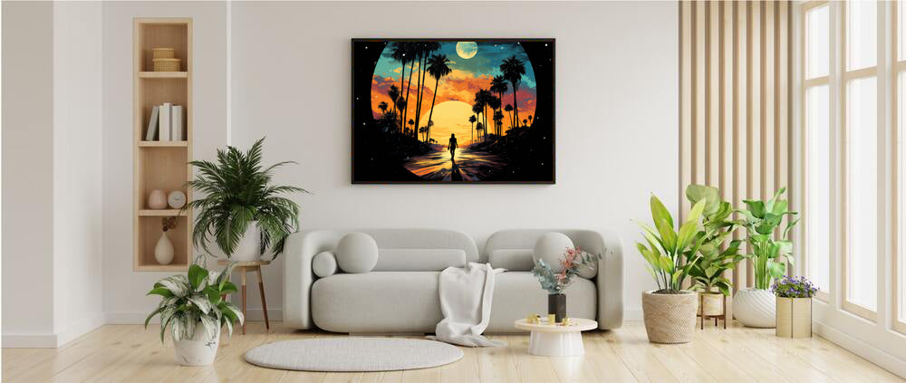 Framed Print artwork sunset watercolor oceanside framed painting Warm Colors Vintage Cars And A Large Sun Setting Into The Horizon Framed Print Artwork