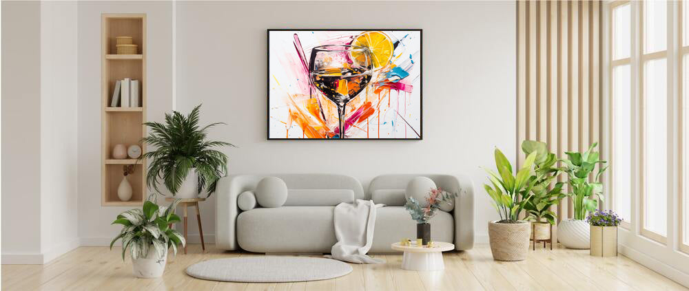 Framed Print artwork Bar/Night Life Art Bright Vibrant Neon Splashes Pink Orange Blue  Lemon Slice Surrounding A Martini Glass Full Of Alcohol On Black Background Framed Poster Painting Alcohol Art Close Up Portrait 