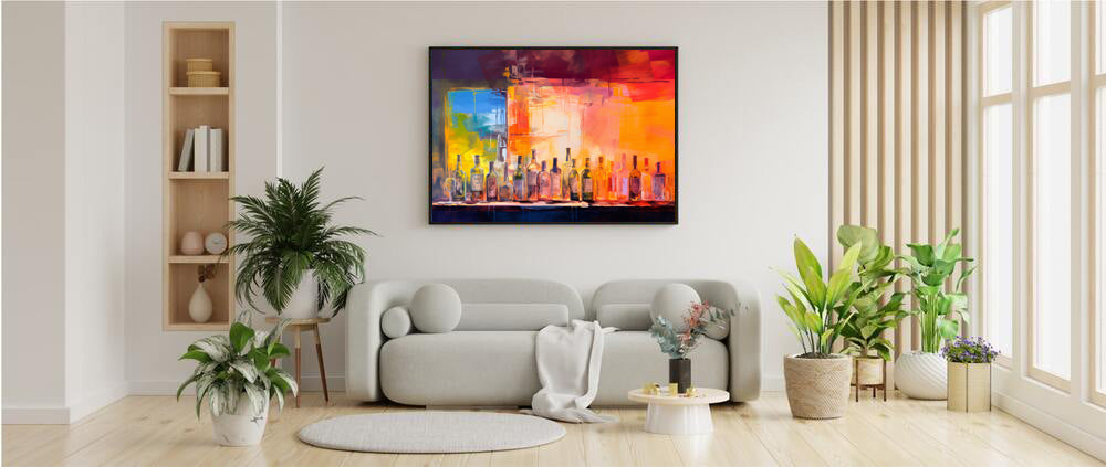 Framed Print Artwork Alcohol Bar Filled With Bottles Of Alcohol Night Life Vibrant Oil Painting Style Colorful Party Drinking Lifestyle Framed Poster