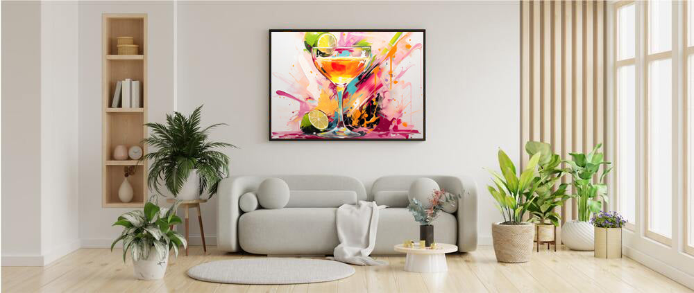 Framed Print Vibrant Alcohol Artwork Lime Slices Lining A Champagne Glass Splashes Of Vibrant Colors Span The Background Attention Grabbing Conversation Starter Framed Poster