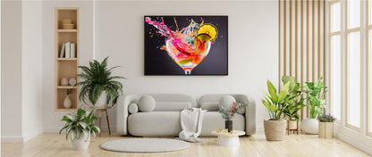 Framed Print Artwork Bright Colorful Cocktail Splashing Out Of The Glass Lemon Slices Lining Champagne Glass Vibrant Bright Drink Inside Glass Framed Poster Painting Alcohol Art