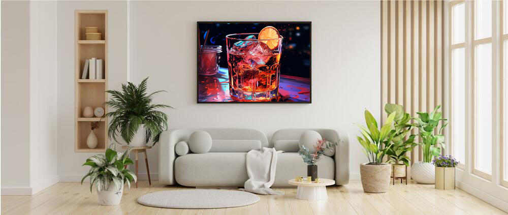 Framed Print Artwork Alcohol And Night Life Bar Art Alcoholic Drink With Ice And Lemon Slice Framed Poster Neon Light Bar Artwork