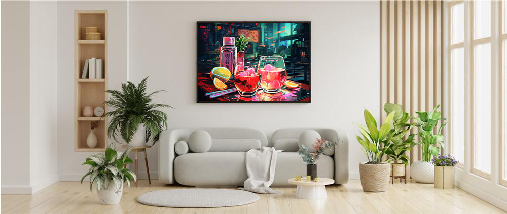 Framed Print Artwork Japanese Manga Style Alcohol And Night Life Bar Art Alcoholic Drink With Ice And Lemon Slice Framed Poster Neon Light Bar Artwork Urban Setting Lifestyle