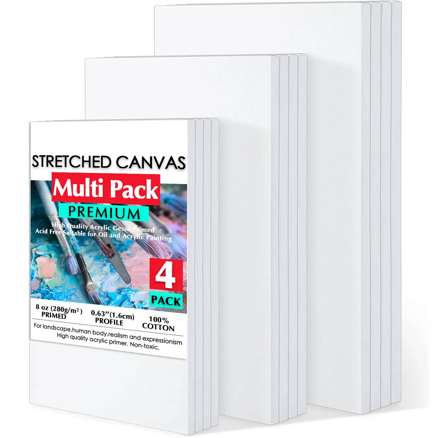 4 Pieces/Set Stretched Canvas' for Painting Primed White 100% Cotton