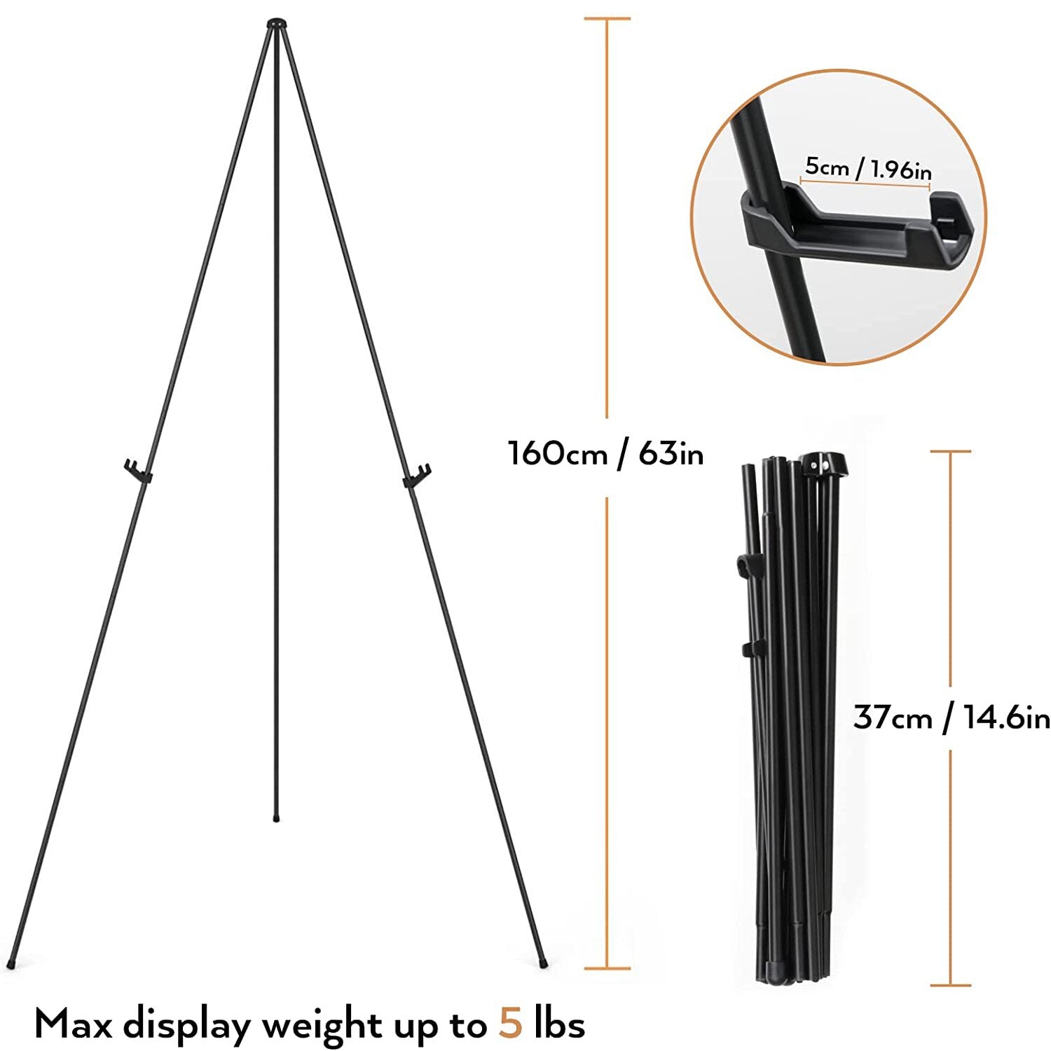 Folding Easel For Painting Canvas Or An Art Display, Black Tripod Canvas Stand Dimensions (Assembled Height: 63inch/160cm) And Max Weight: (5lbs) Image