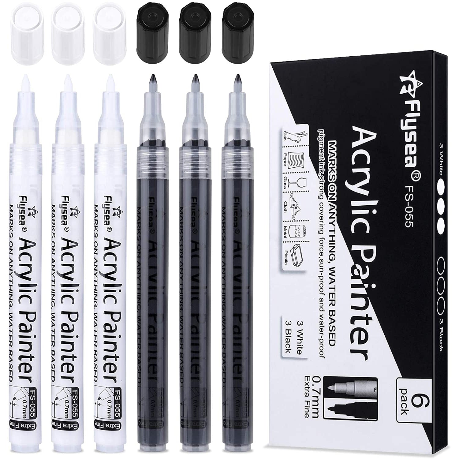 Water Based Acrylic Painter Black & White 0.7mm 6 Pack