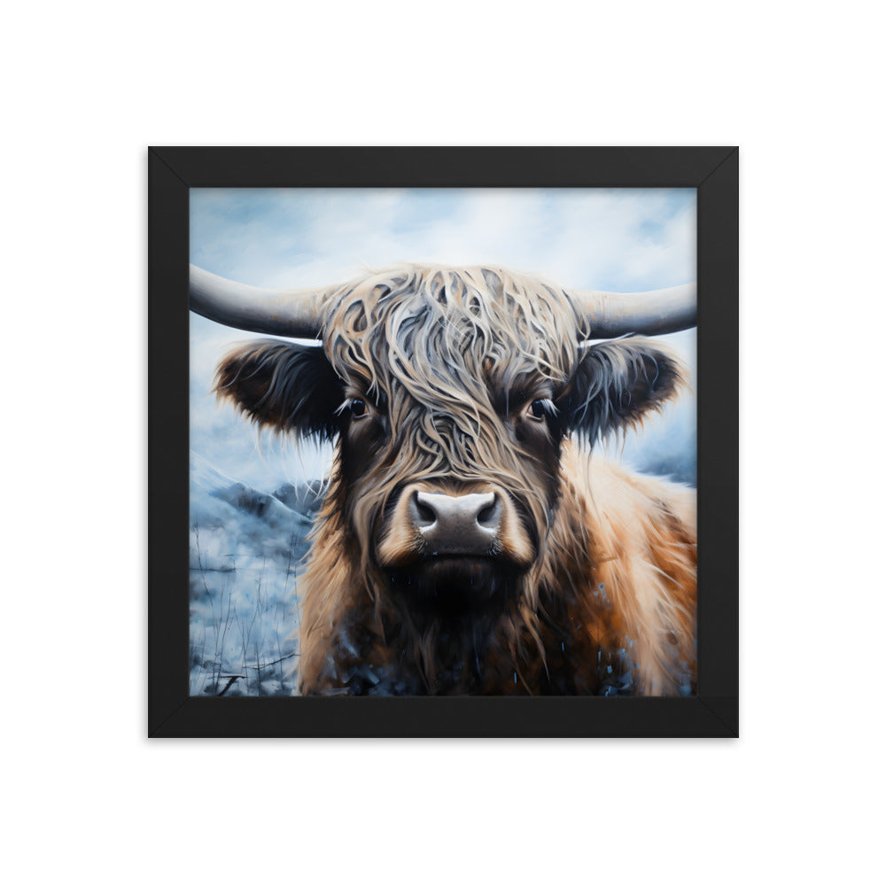 Framed Print Poster Artwork Strong Stunning Highlander Bull Emotional Staring Into The Viewer Captivating Highly Detailed Painting Style 10x10"