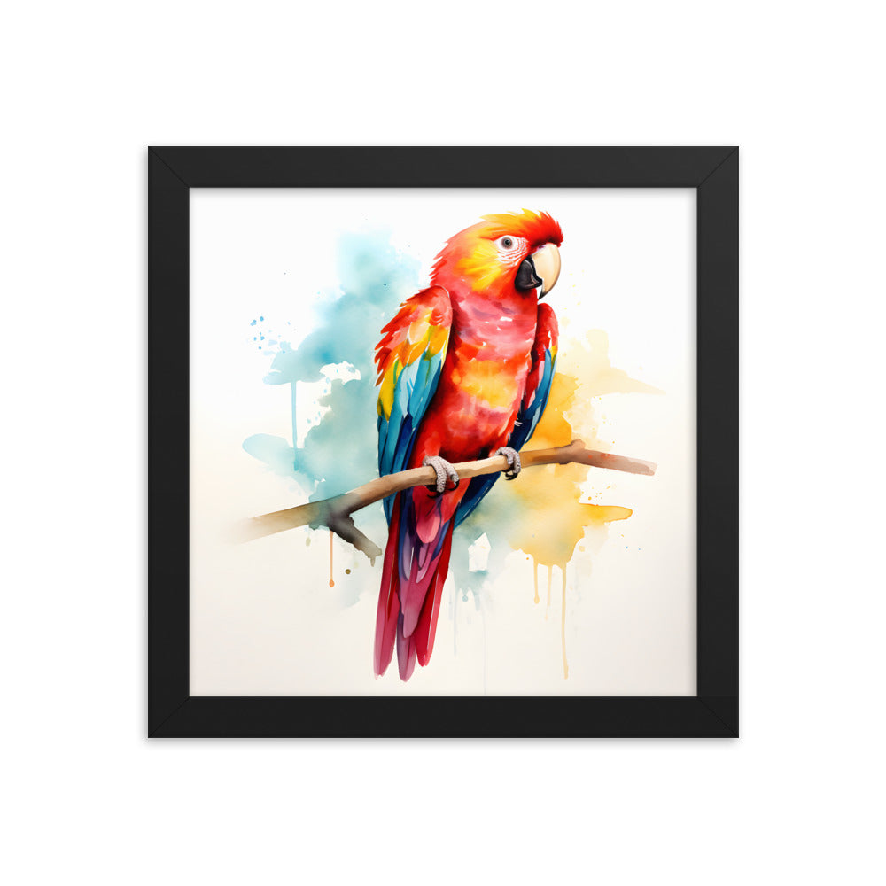 Framed Print Poster Artwork Bright Red Parrot With Rainbow Wings Perched On A Tree Branch Nature Influenced Water Color Painting Style 10x10"