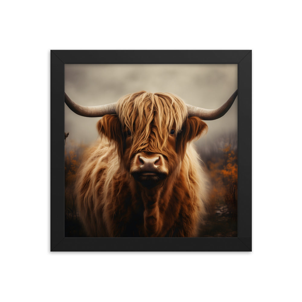 Framed Print Artwork Strong Stunning Dull Dark Gloomy Fierce Fire Highlander Bull Warm Fiery Background Emotional Staring Into The Viewer Captivating Highly Detailed Painting Style Perfect To Warm Up A Homestead Or Country Home Framed Poster 10x10"