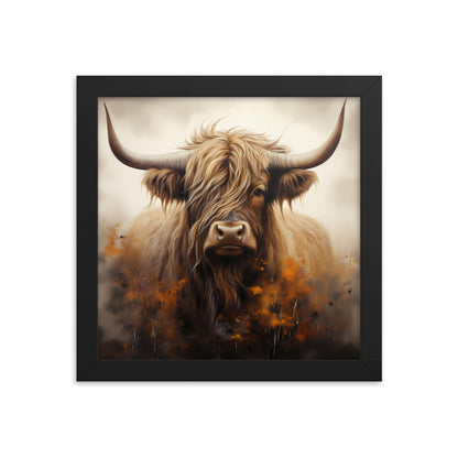 Framed Print Artwork Strong Stunning Highlander Bull Warm Fiery Flames Emotional Stylish Bull Staring Into The Viewer Captivating Highly Detailed Painting Style Perfect To Warm Up A Homestead Or Country Home Framed Poster 10x10"