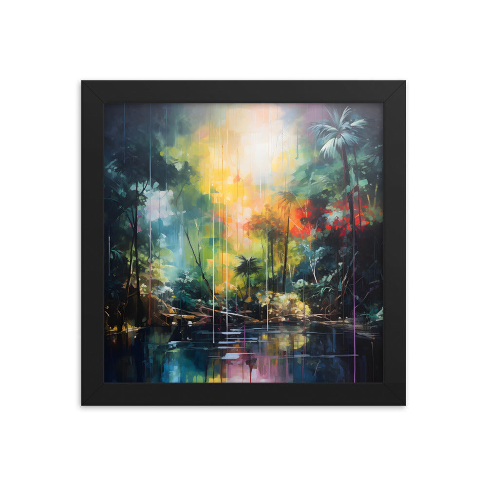 Framed Print Abstract Artwork Bright Vibrant Colorful Rainbow Jungle Behind A Pond Oil Painting Style Abstract Art Framed Poster Nature 10x10"