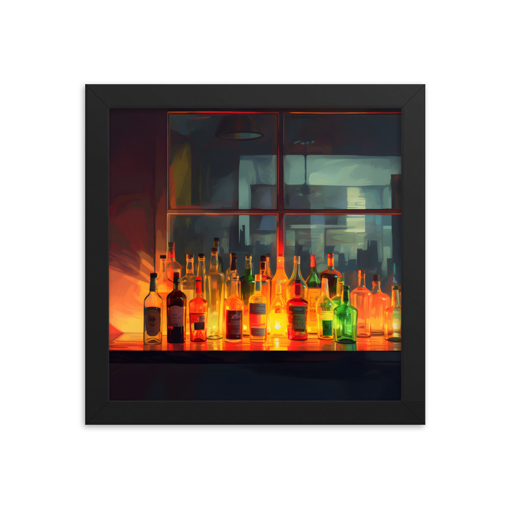 Framed Print Artwork Alcohol Bar Night Life Vibrant Colorful Well Lit Bar With Alcohol Bottles Lined Up Party Drinking Lifestyle Framed Poster 10x10"