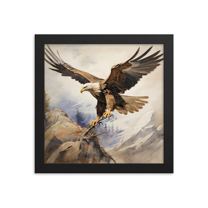 Framed Artwork Strong Soaring Bald Eagle Snowy Mountains Detailed Painting 10x10"