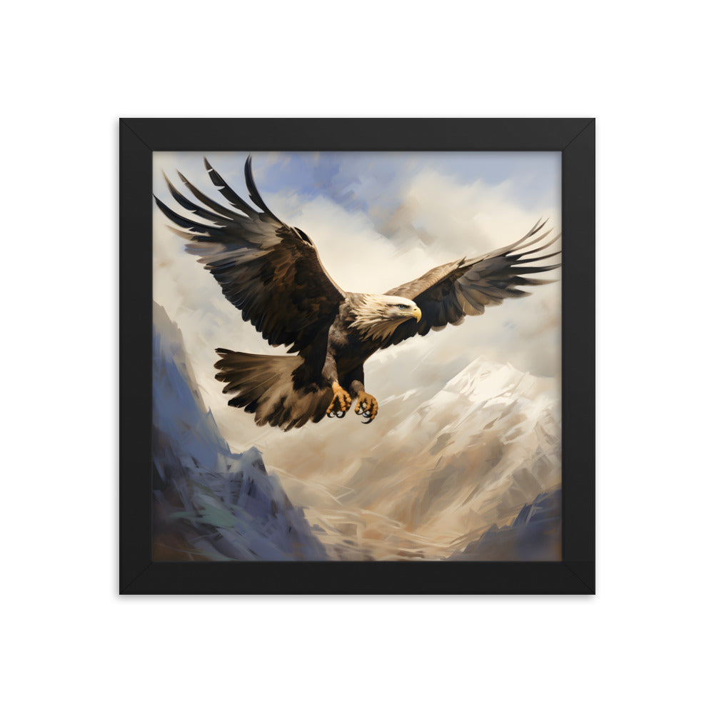 Framed Artwork Print Strong Soaring Bald Eagle Snowy Mountains Detailed Painting, Large Wing Span Mid Flight Ready To Swoop 10x10"