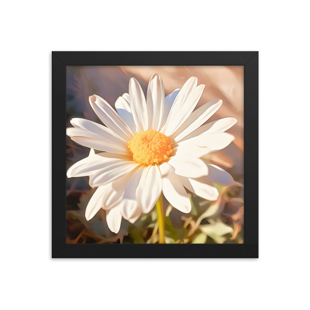 Framed Nature Inspired Artwork Stunning Sunlit Daisy Blooming Oil Painting Style 10x10"