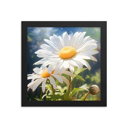 Framed Print Double Daisy Realistic Oil Painting Nature Inspired Artwork Stunning Sunlit Twin Daisy Blooming Oil Painting Style 10x10"