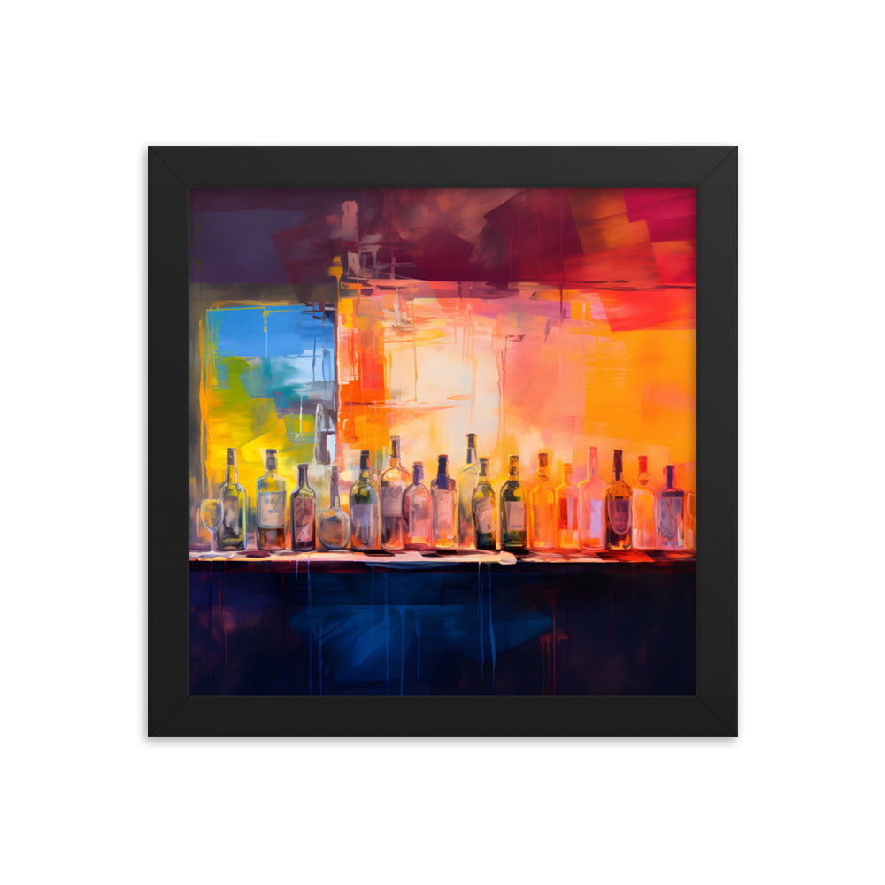 Framed Print Artwork Alcohol Bar Filled With Bottles Of Alcohol Night Life Vibrant Oil Painting Style Colorful Party Drinking Lifestyle Framed Poster 10x10"