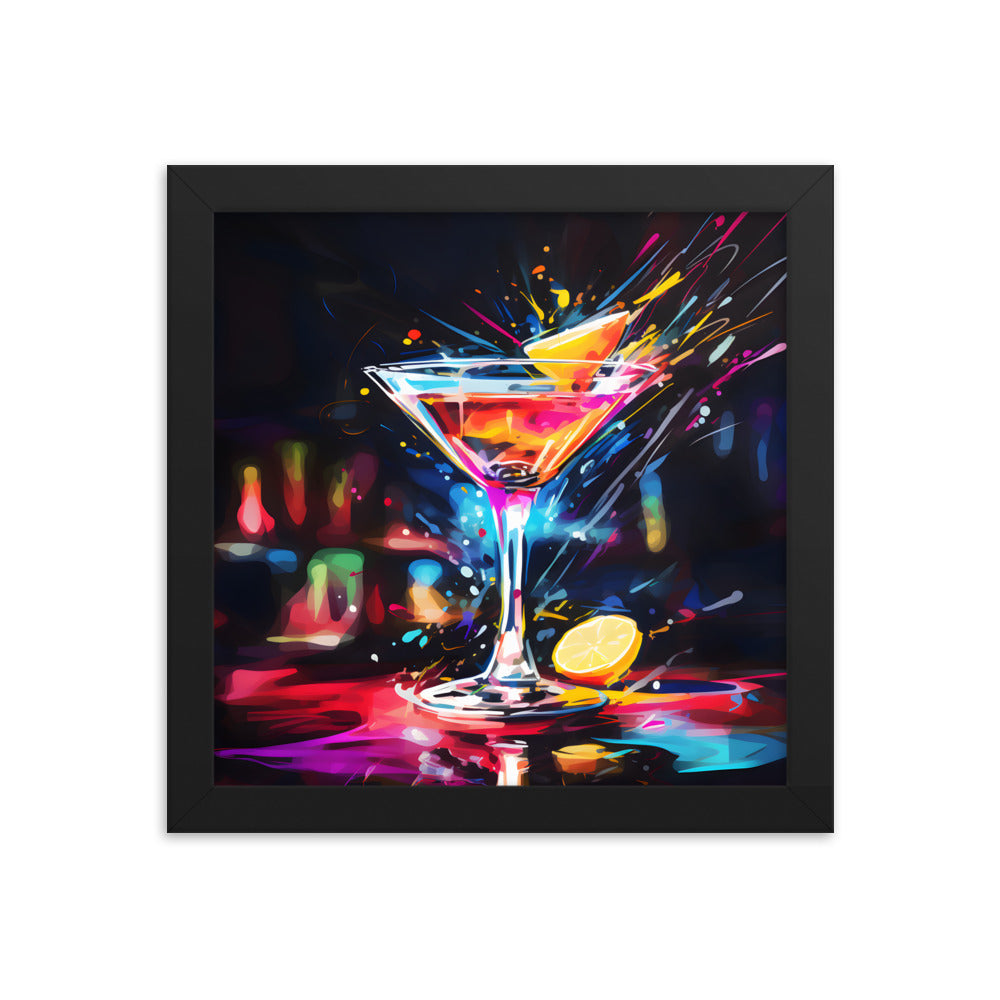 Framed Print Artwork Bar/Night Life Art Bright Neon Splashes Surrounding A Martini Glass Full Of Alcohol Framed Poster Painting Alcohol Art Iced Drink Close Up 10x10"