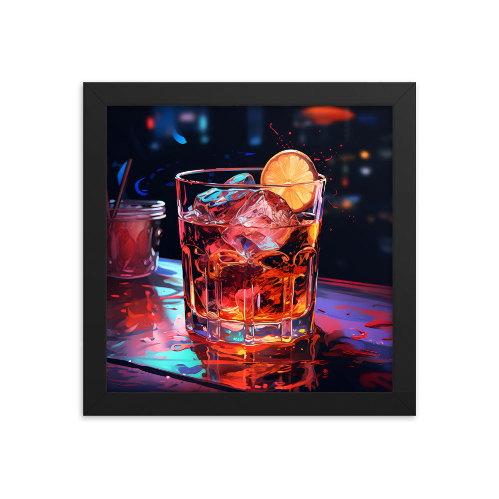 Framed Print Artwork Alcohol And Night Life Bar Art Alcoholic Drink With Ice And Lemon Slice Framed Poster Neon Light Bar Artwork 10x10"