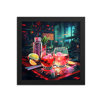 Framed Print Artwork Japanese Manga Style Alcohol And Night Life Bar Art Alcoholic Drink With Ice And Lemon Slice Framed Poster Neon Light Bar Artwork Urban Setting Lifestyle 10x10"