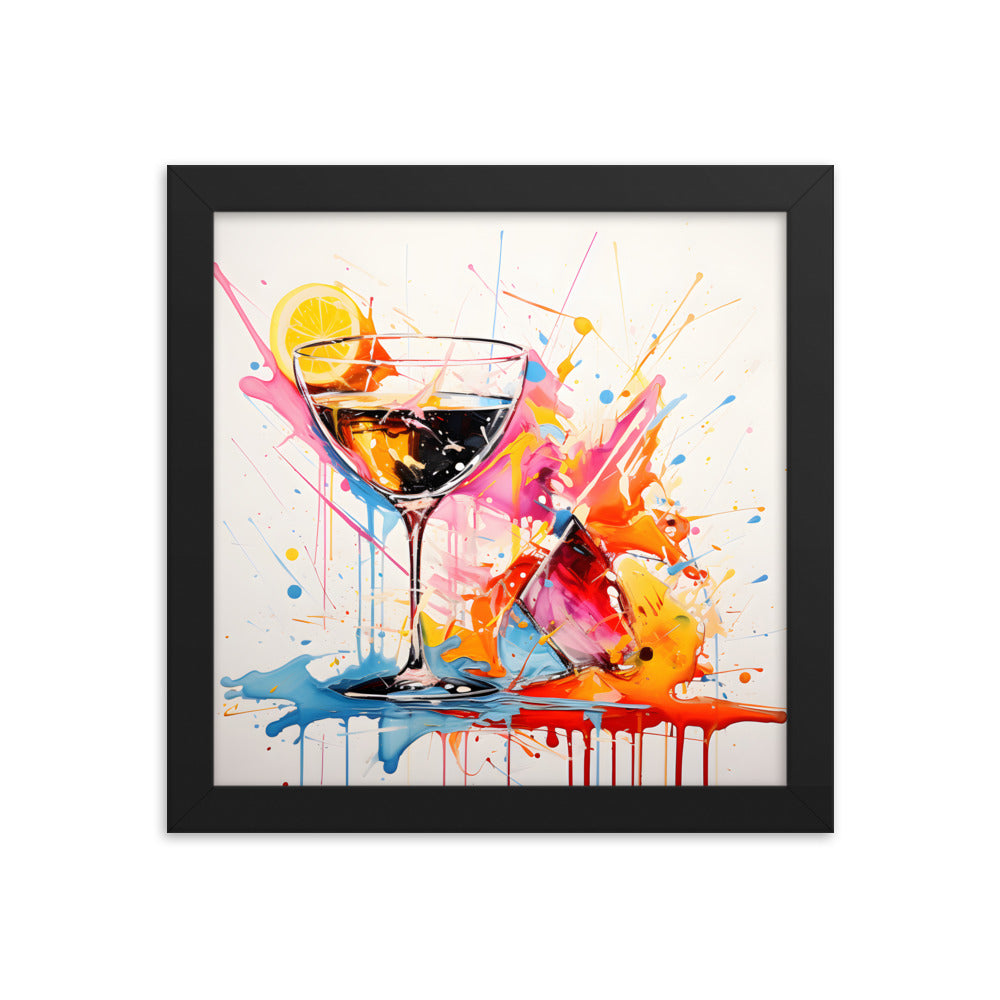 Framed Print Artwork Bright Colorful Cocktail Splashing Out Of The Glass Lemon Slices Lining Champagne Glass Vibrant Bright Drink Inside Glass White Background Attention Grabbing Art Piece Framed Poster Painting Alcohol Art 10x10"