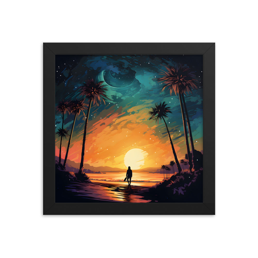 Framed Print Lifestyle/Ocean Side Artwork Smooth Ocean Water Dark Sunset Palm Tree Silhouettes Line The Pathway Large Sun Setting In Line With Perspective Moon Lit Star Filled Night Sky Framed Poster Artwork 10x10"