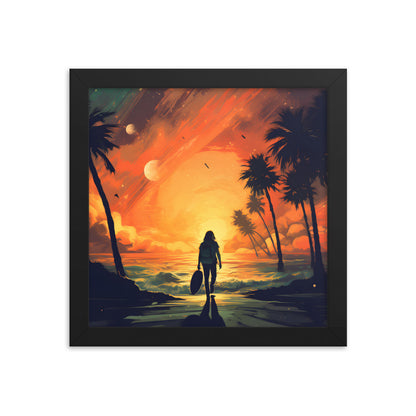 Framed Print Artwork Beach Ocean Surfing Warm Suns Set Art Surfer Walking Down To The Beach Holding Surfboard Palm Tree Silhouettes Sets The Tone Framed Poster Artwork 10x10"