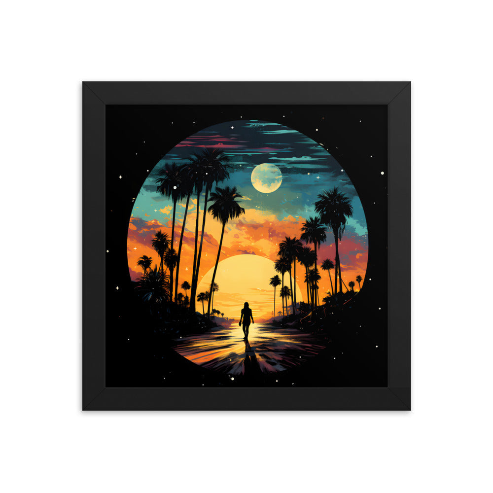 Framed Print Lifestyle/Ocean Side Artwork Dark Sunset Palm Tree Silhouettes Line The Pathway Large Sun Setting In Line With Perspective Moon Lit Star Filled Night Sky Framed Print Artwork 10x10"