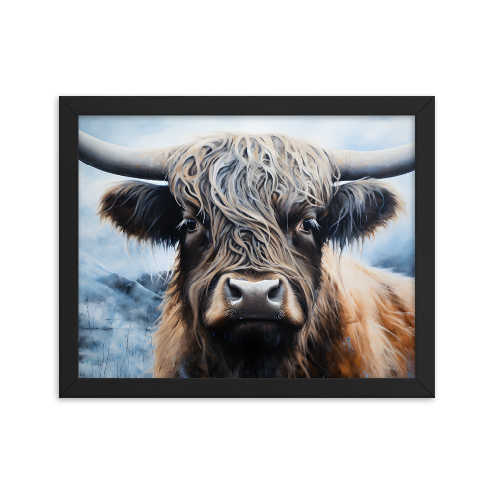 Framed Print Poster Artwork Strong Stunning Highlander Bull Emotional Staring Into The Viewer Captivating Highly Detailed Painting Style 11x14"
