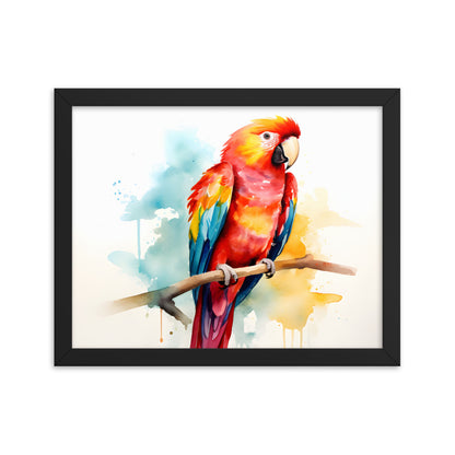 Framed Print Poster Artwork Bright Red Parrot With Rainbow Wings Perched On A Tree Branch Nature Influenced Water Color Painting Style 11x14"