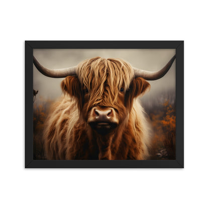 Framed Print Artwork Strong Stunning Dull Dark Gloomy Fierce Fire Highlander Bull Warm Fiery Background Emotional Staring Into The Viewer Captivating Highly Detailed Painting Style Perfect To Warm Up A Homestead Or Country Home Framed Poster 11x14"