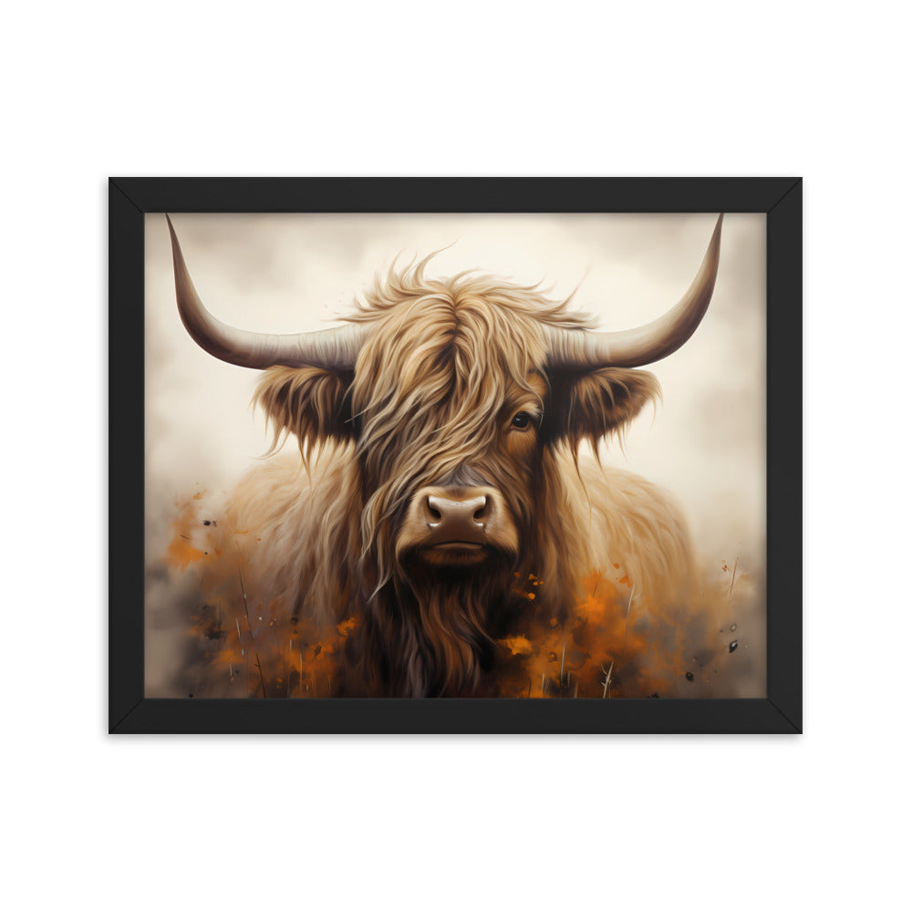 Framed Print Artwork Strong Stunning Highlander Bull Warm Fiery Flames Emotional Stylish Bull Staring Into The Viewer Captivating Highly Detailed Painting Style Perfect To Warm Up A Homestead Or Country Home Framed Poster 11x14"