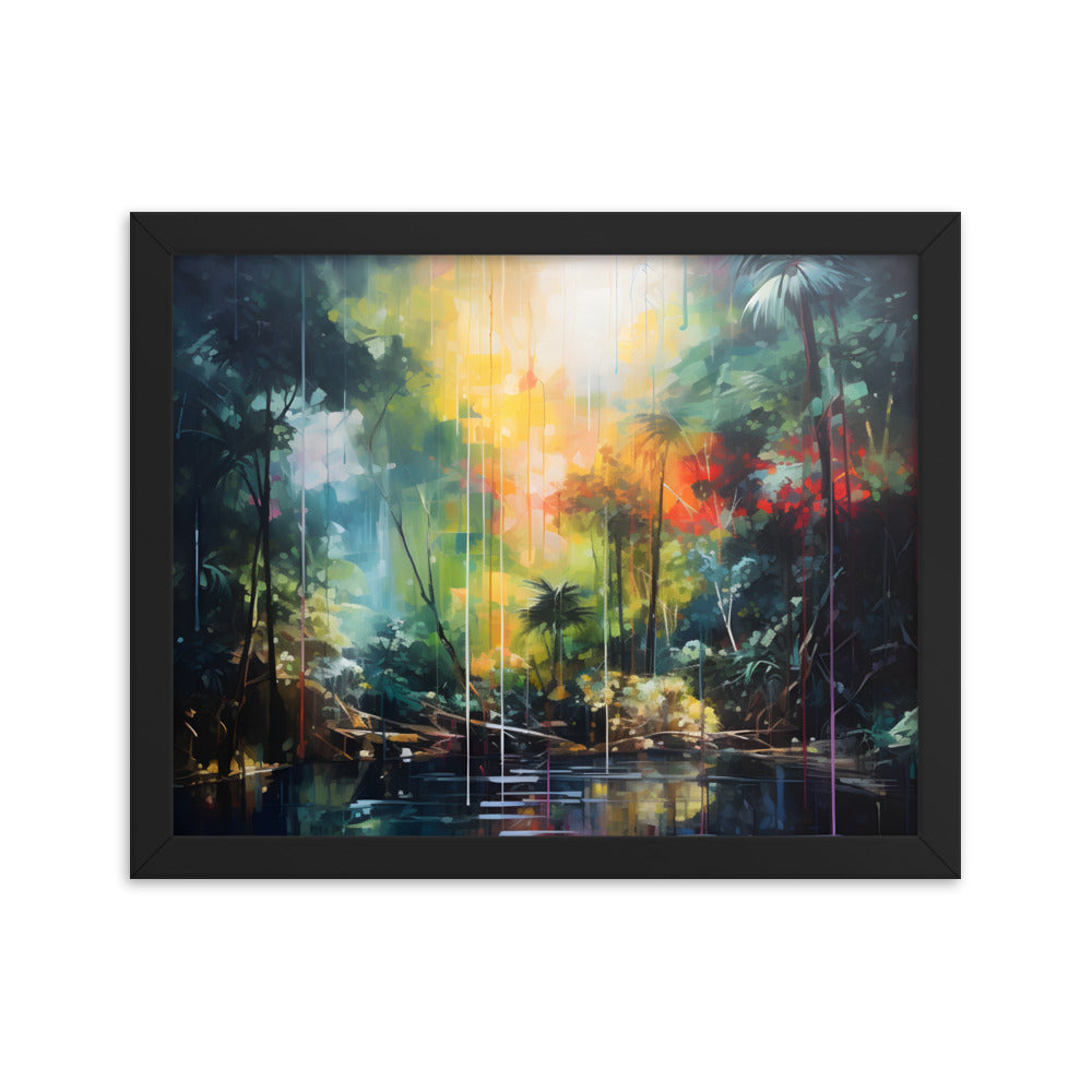 Framed Print Abstract Artwork Bright Vibrant Colorful Rainbow Jungle Behind A Pond Oil Painting Style Abstract Art Framed Poster Nature 11x14"