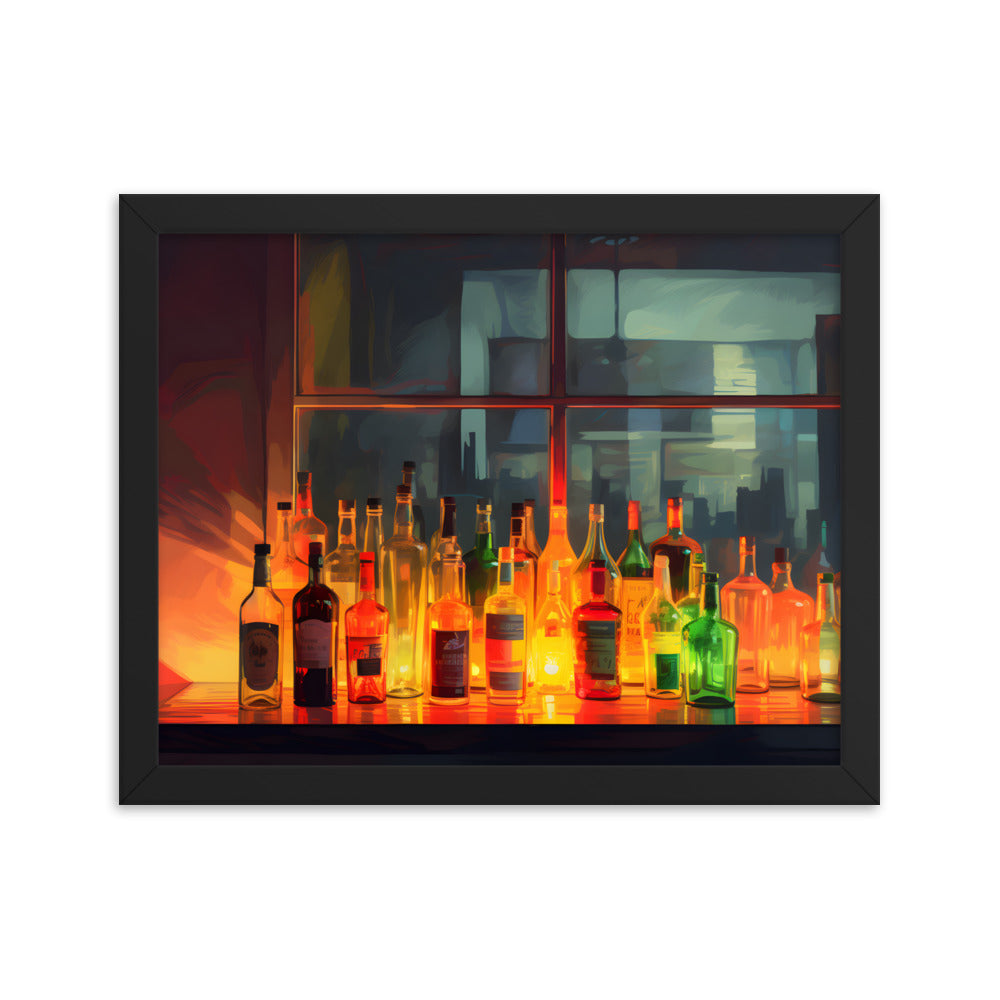 Framed Print Artwork Alcohol Bar Night Life Vibrant Colorful Well Lit Bar With Alcohol Bottles Lined Up Party Drinking Lifestyle Framed Poster 11x14"