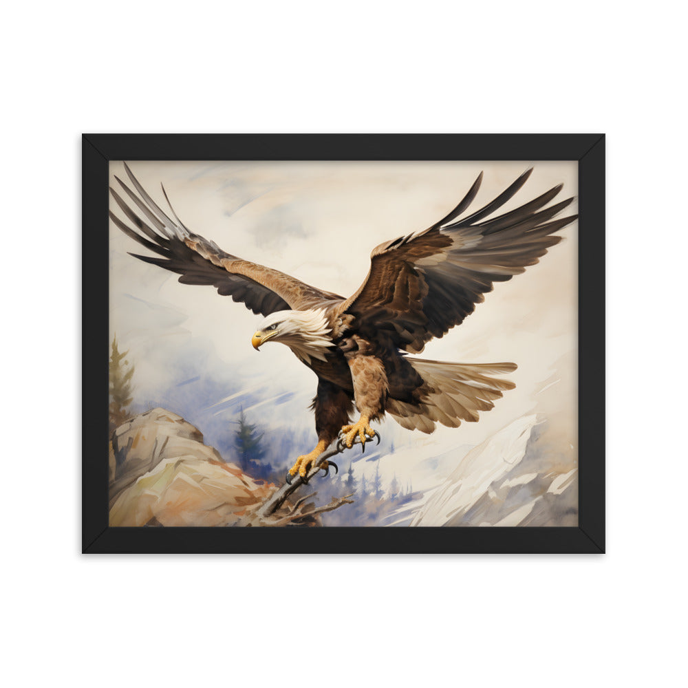 Framed Artwork Strong Soaring Bald Eagle Snowy Mountains Detailed Painting 11x14"