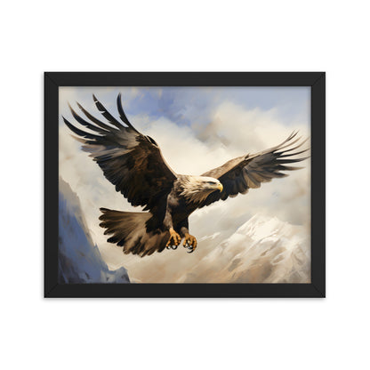 Framed Artwork Print Strong Soaring Bald Eagle Snowy Mountains Detailed Painting, Large Wing Span Mid Flight Ready To Swoop 11x14"