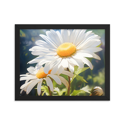 Framed Print Double Daisy Realistic Oil Painting Nature Inspired Artwork Stunning Sunlit Twin Daisy Blooming Oil Painting Style 11x14"